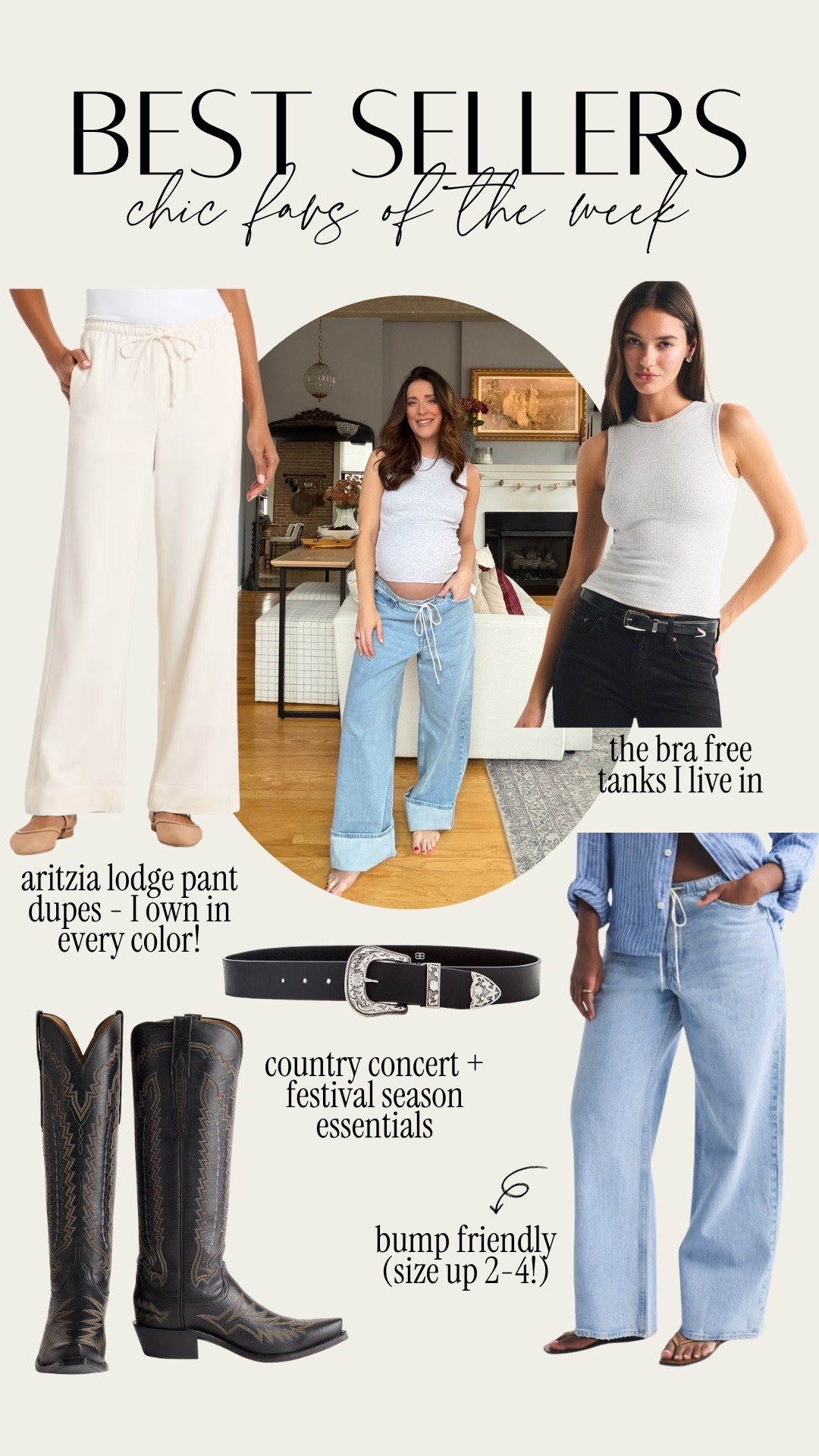 Chic faves of the week! My go to tanks and denim from Abercrombie (size up 2-4 for a bump!), target aritzia lodge pant dupes that I own in every color (TTS), and country concert/festival season essentials! Lunches boots 

#LTKBump #LTKootd #LTKFestival