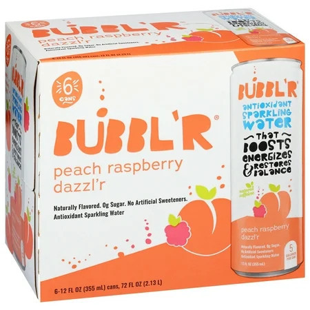 BUBBL'R Antioxidant Sparkling Water, Peach Raspberry Dazzl'r, 12 fl oz, 6 Pack Cans | Walmart (US)