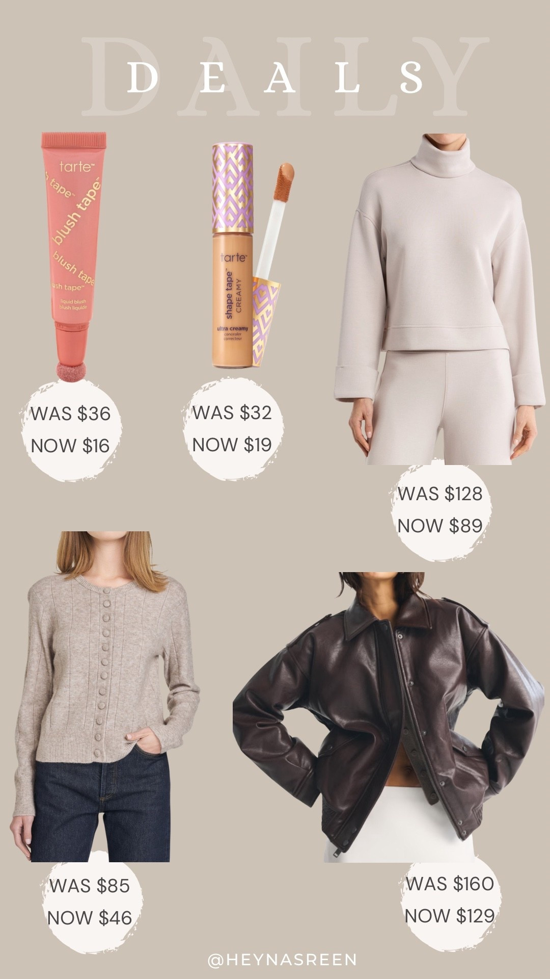 Daily deals on Tarte blush tape, Tarte creamy shape tape concealer, Spanx air essentials top, WAYF cardigan, Abercrombie faux leather bomber 