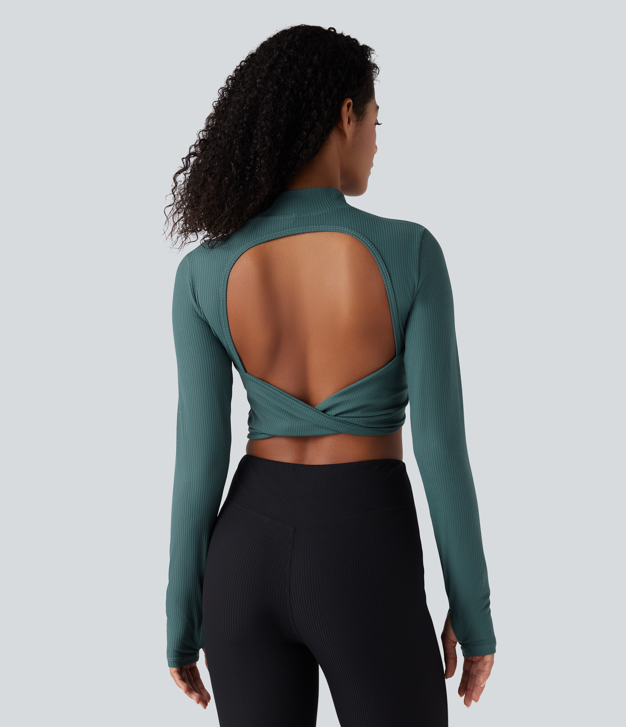 Mock Neck Long Sleeve Thumb Hole Cropped Yoga Sports Top | HALARA