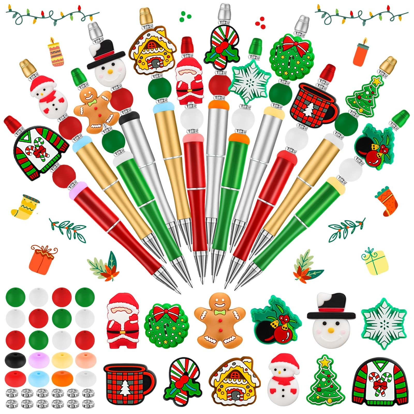 Christmas Beadable Pens, 12 Pcs Silicone Bead Pens, Snowmen Santa Gingerbread Bead Ballpoint for Office School Women Kids Students Gifts | Amazon (US)