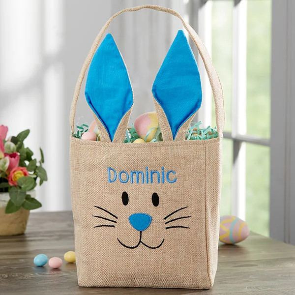 Bunny Face Personalized Blue Burlap Easter Treat Bag | Personalization Mall