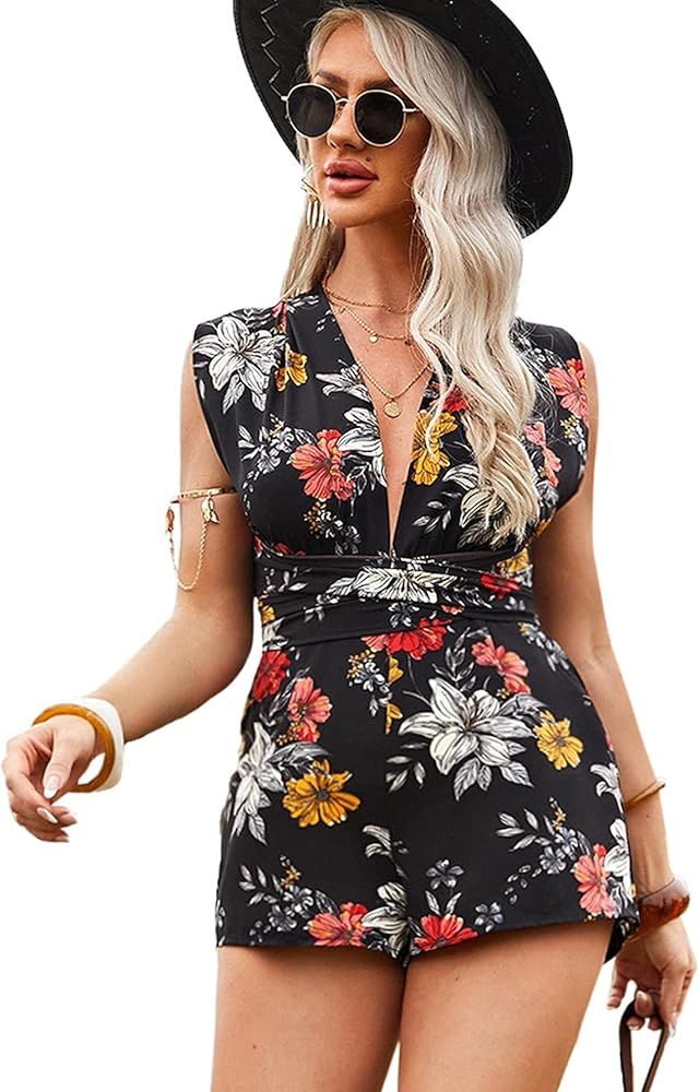 SheIn Women's Floral Print Criss Cross Romper V Neck Sleeveless Tie Backless Jumpsuit | Amazon (US)