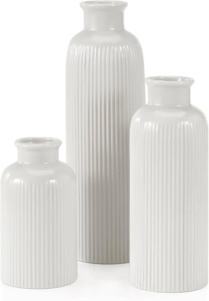 Small White Ceramic Vase Set of 3, Boho Modern White Flower Vase Room Decor, Farmhouse Decor, Vas... | Amazon (US)