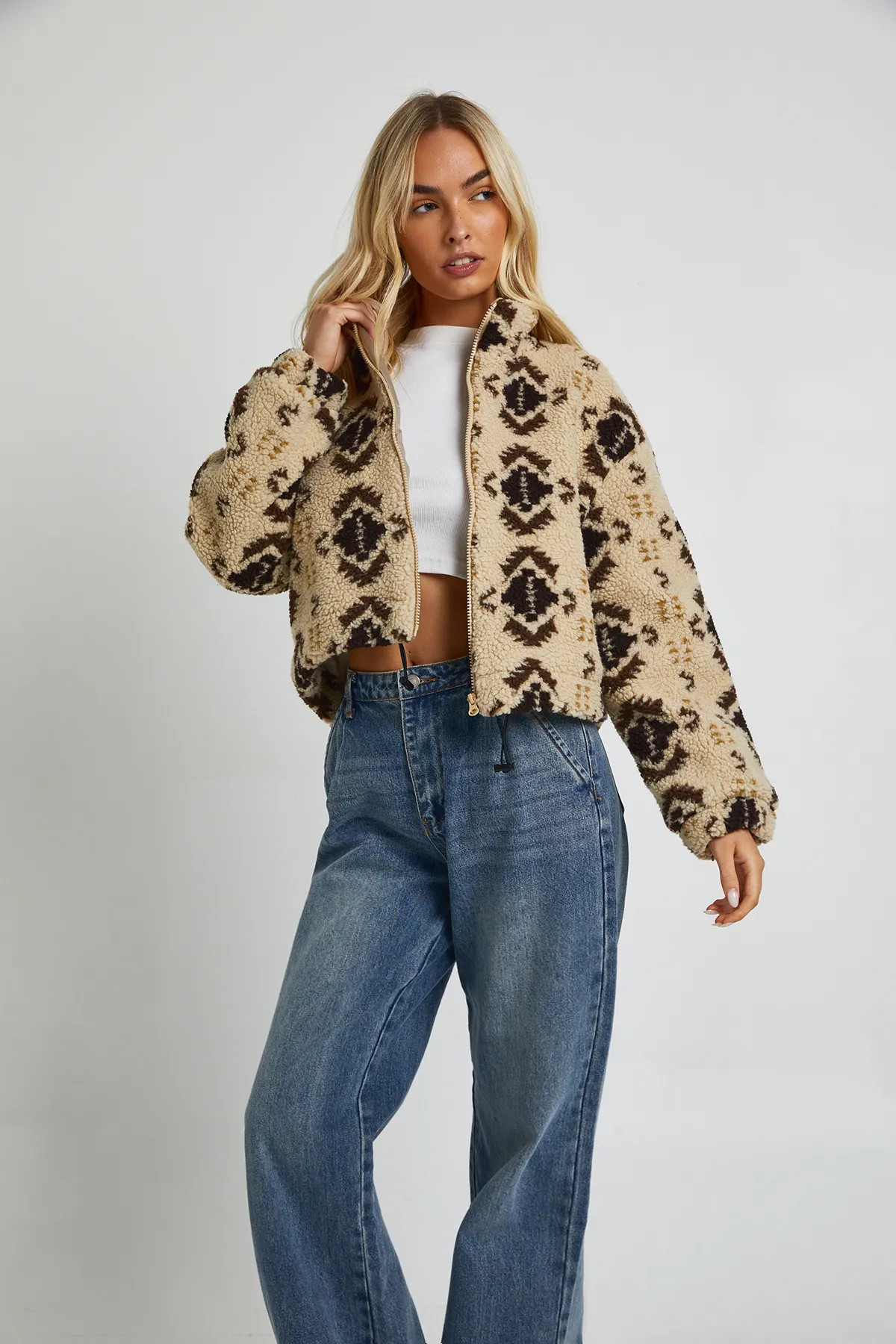 Aztec Teddy Zip Bomber Jacket | Boohoo.com (UK & IE)