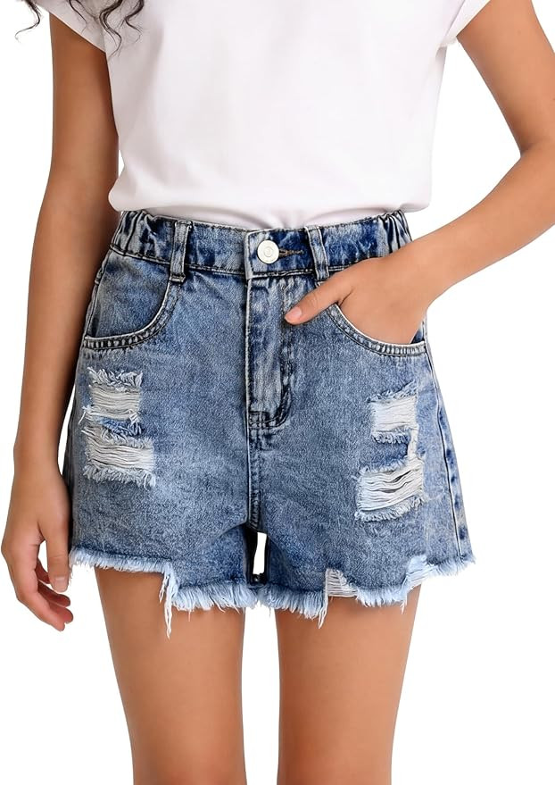 PATPAT Girls Ripped Jean Shorts 5-14Y, Y2K Vintage Mid Waist Straight Leg Denim Shorts with Elast... | Amazon (US)