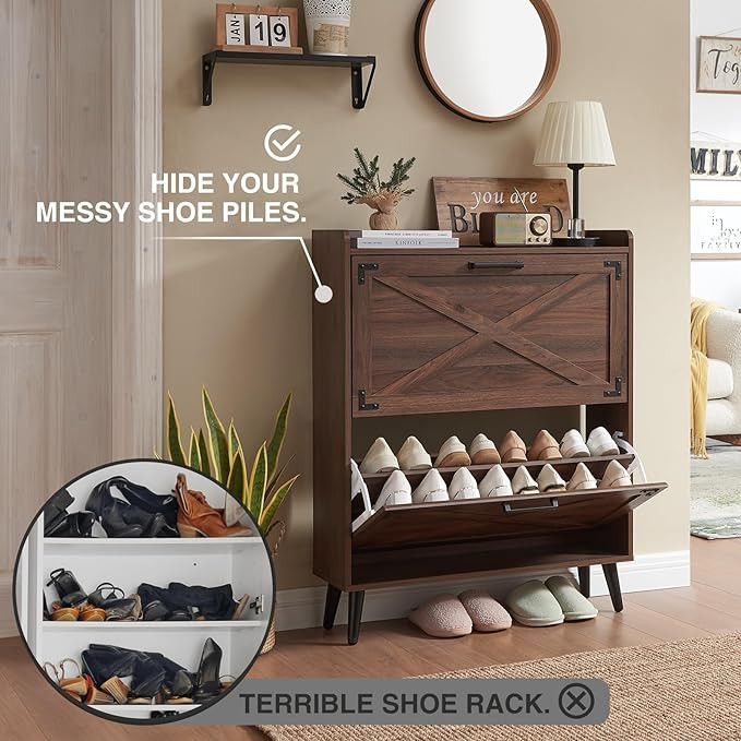 Shoe Storage Cabinet,Farmhouse Shoe Organizer with 2 Flip Drawers & Barn Door Design,Freestanding... | Amazon (US)