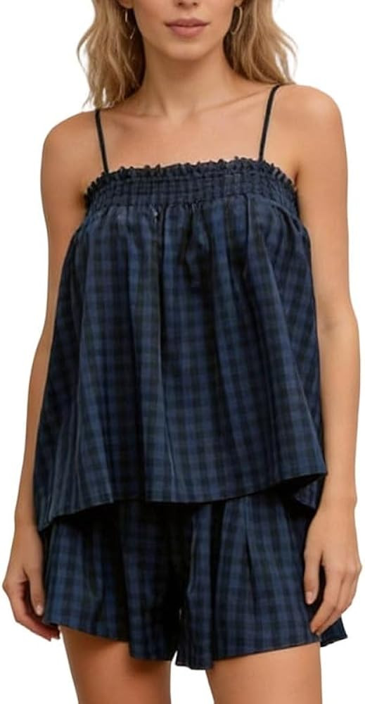 ROAONOCOMO Women Gingham 2 Piece Pajama Set Flowy Peplum Babydoll Cami Top Wide Leg Shorts Sets S... | Amazon (US)