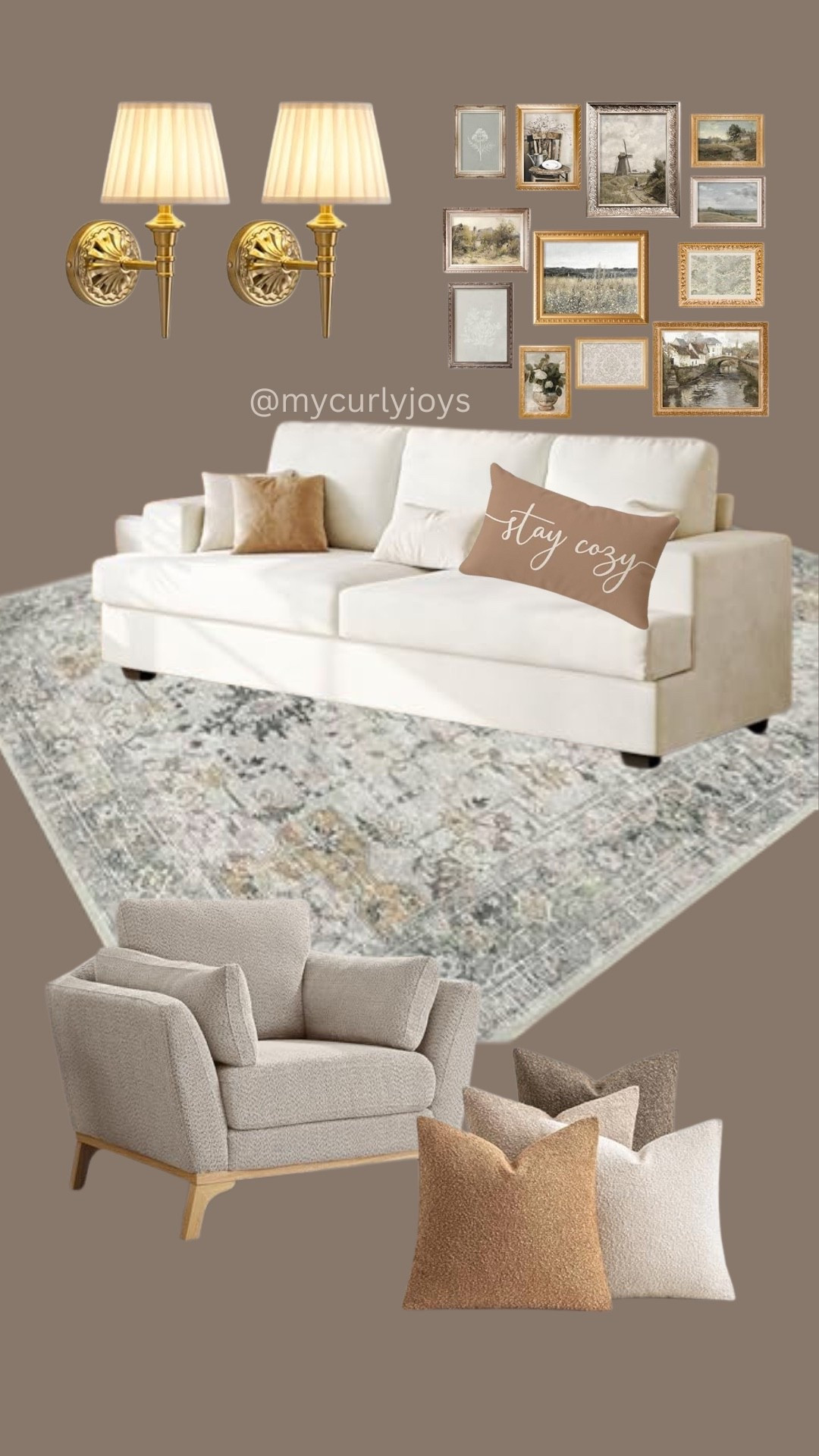 neutral living room, cozy living room decor, beige sofa styling, boucle accent chair, modern farmhouse living room, gallery wall ideas, traditional wall sconces, brass wall sconces, eclectic wall art arrangement, vintage inspired frames, layered neutral pillows, warm neutral throw pillows, textured pillows neutral, earthy tone home decor, stay cozy pillow, patterned area rug, muted rug living room, cozy neutral rug, cozy chic living room, modern vintage living room, warm neutral aesthetic, timeless living room design, inviting home decor, classic cozy vibes, layered neutrals home

#LTKStyleTip #LTKHome