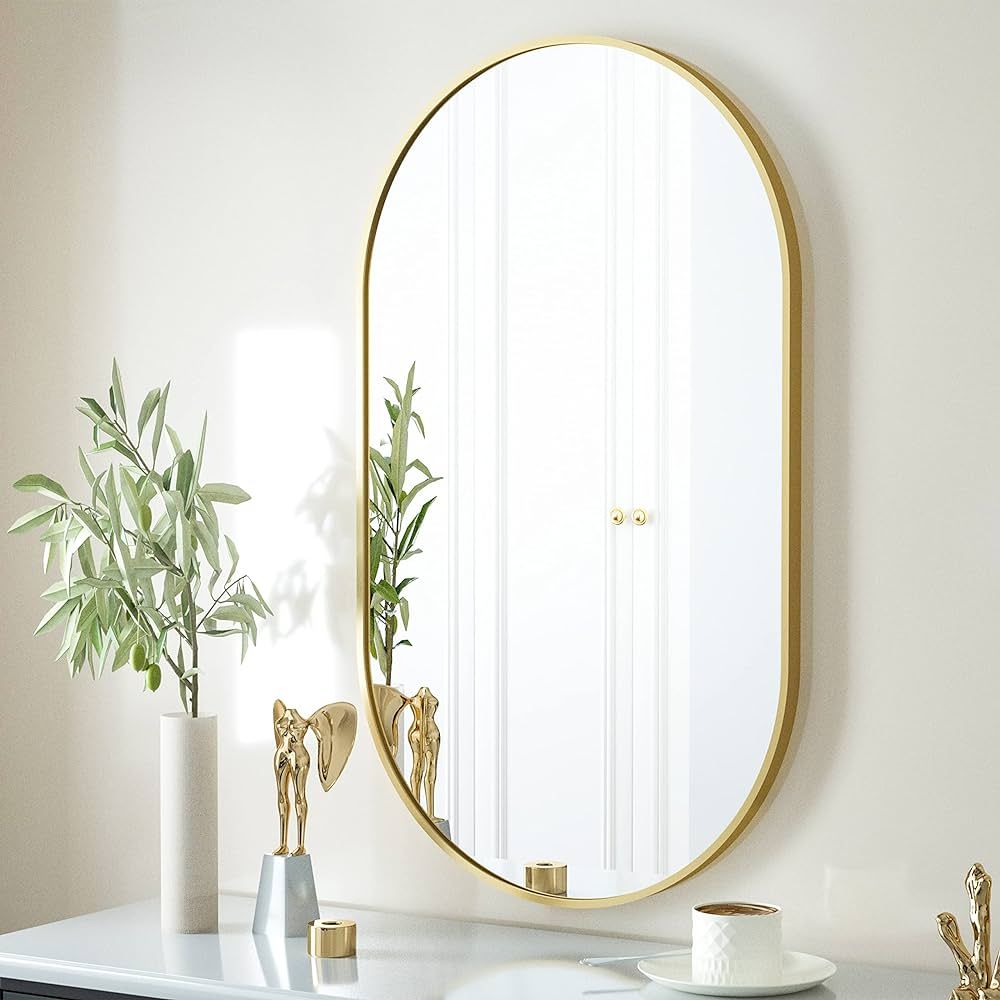 HARRITPURE 17" x 30"Oval Bathroom Mirror Wall Mounted Chic Brushed Metal Frame Hang Vertically & ... | Amazon (US)