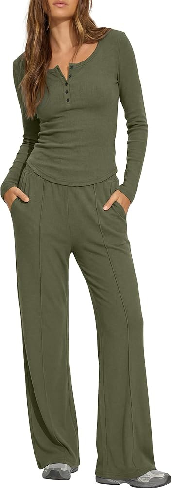 Darong Womens 2 Piece Matching Lounge Sets 2026 Long Sleeve Henley Shirts Wide Leg Pants Airport ... | Amazon (US)