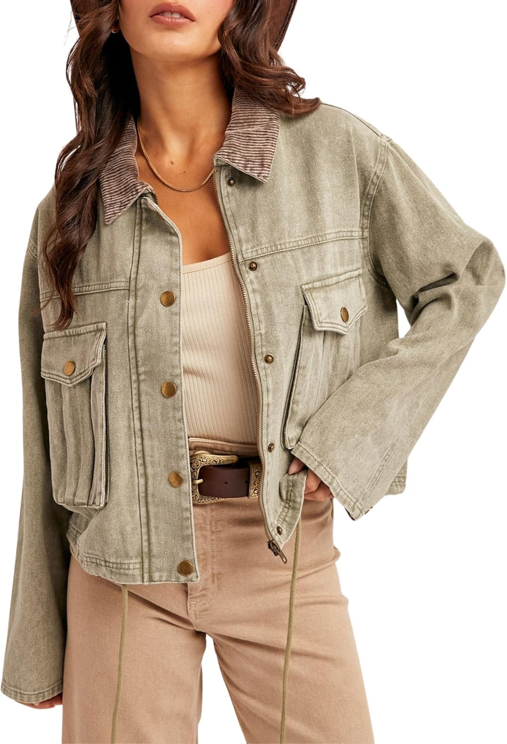 Esmeling Women Contrast Button Down Jacket Lapel Collar Long Sleeve Outwear Cropped Coat with Pocket | Amazon (US)