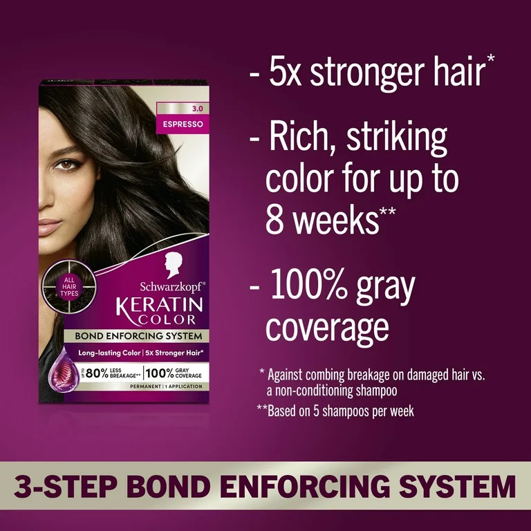 Schwarzkopf Keratin Hair Dye 3.0 Espresso, Permanent Hair Color, 1 Use | Walmart (US)