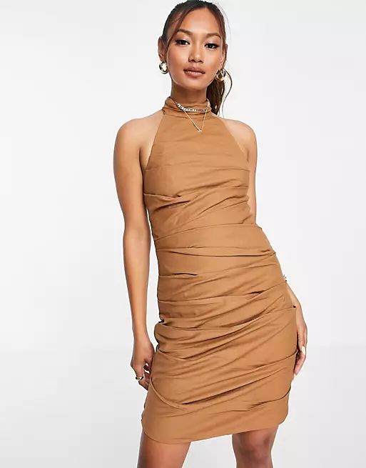 ASOS DESIGN Halter pleated mini dress with lace up back in brown | ASOS | ASOS (Global)