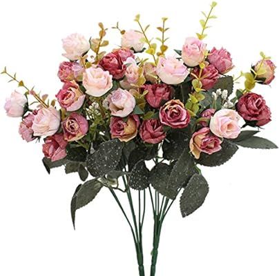 Luyue 7 Branch 21 Heads Artificial Silk Fake Flowers Leaf Rose Wedding Floral Decor Bouquet,Pack ... | Amazon (US)