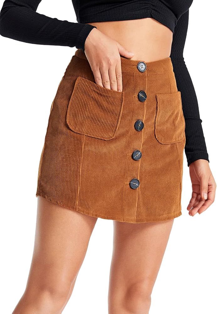 WDIRARA Women's Mid Waist Corduroy A-line Slim fit Button Casual Mini Skirt | Amazon (US)