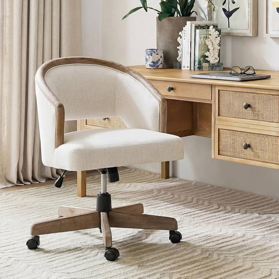 HULALA HOME Soild Wood Upholstered Home Office Desk Chair with Curved Backrest, Farmhouse Fabric ... | Amazon (US)