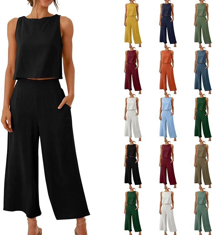 Summer 2 Piece Outfits for women Sleeveless Crop Top Capri Wide Leg Pants Jumpsuit Linen Lounge B... | Amazon (US)