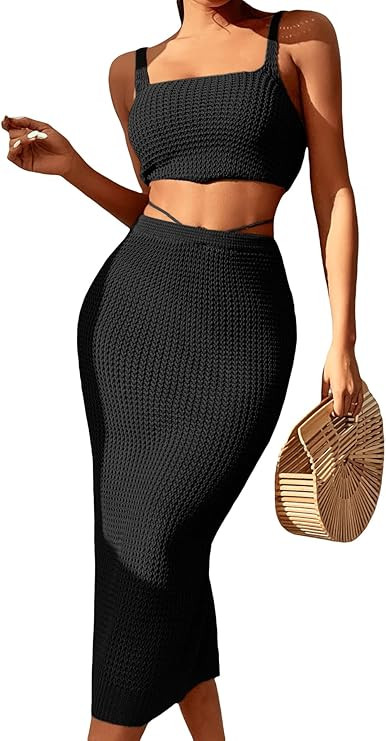 SheIn Women's Knitted Cover Up Set Two Pieces Sleeveless Tank Crop Top and Split Tie Back High Wa... | Amazon (US)