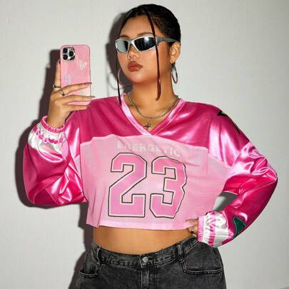 ICON Plus Size Women's Y2k Summer V-Neck Athleisure Letter And Print Patchwork Sports Style Plus Size Casual Jersey Pink Top | SHEIN