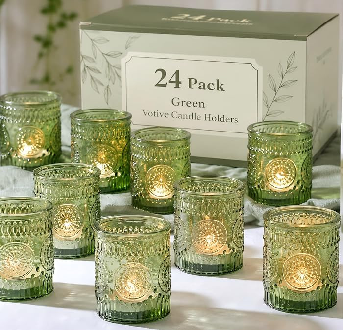 DEVI 24pcs Green Votive Candle Holders for Wedding, Glass Tea Lights Candle Holder, Green Baby Sh... | Amazon (US)