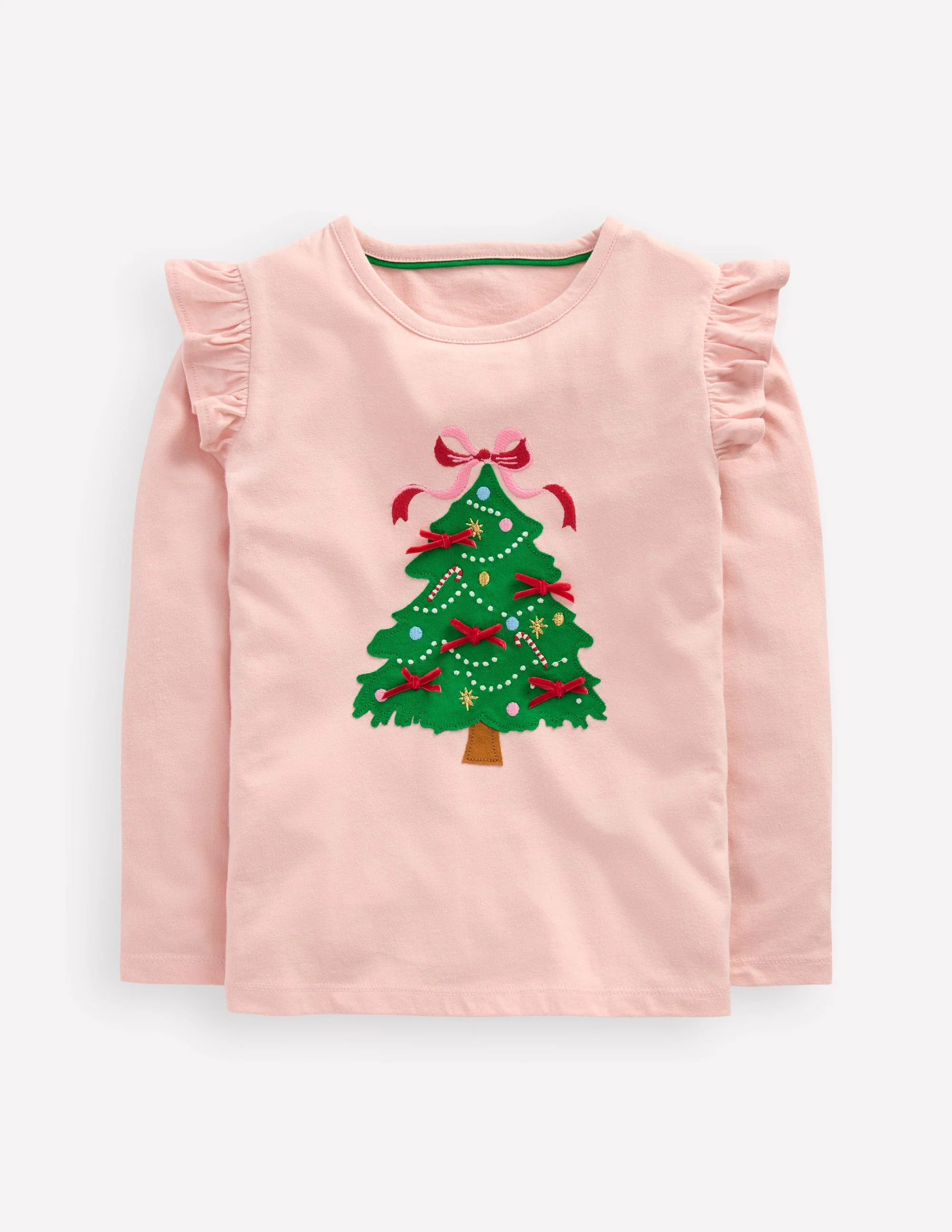 Frill Sleeve Appliqué T-shirt-Chalk Pink Christmas Tree | Boden (US)