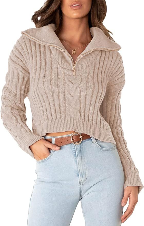Linsery Women's Trendy Half Zip Sweater Cable Knit Cropped Sweaters Pullover Jumper Tops | Amazon (US)