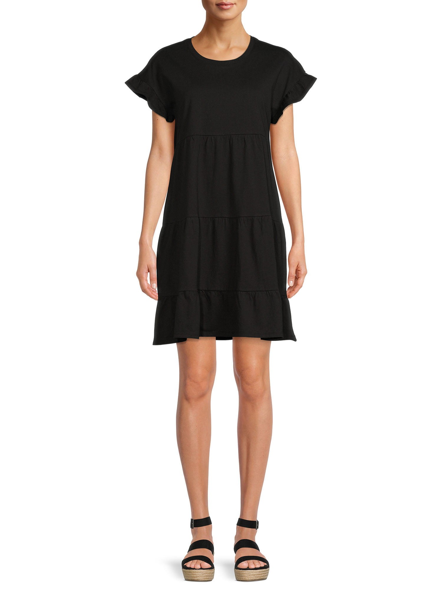 Time and Tru Women's Short Sleeve Flutter Tiered Dress | Walmart (US)