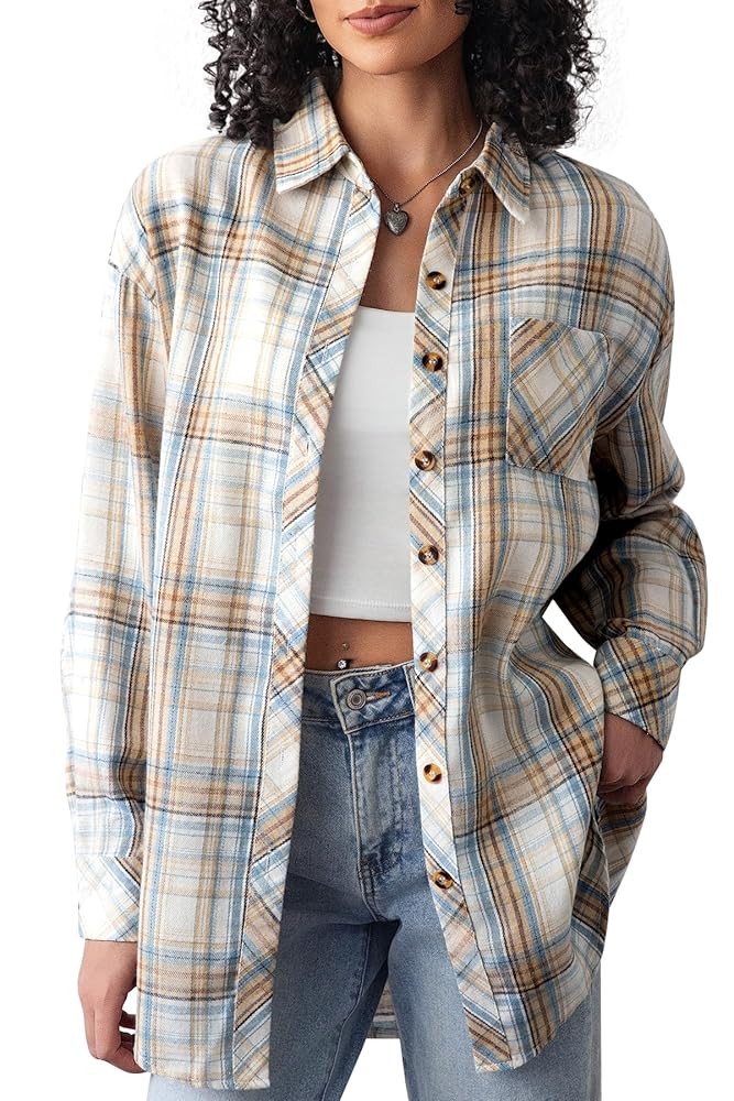 CHYRII Womens Button Down Flannel Shirts Long Sleeve Plaid Shackets Business Casual Blouse Top | Amazon (US)