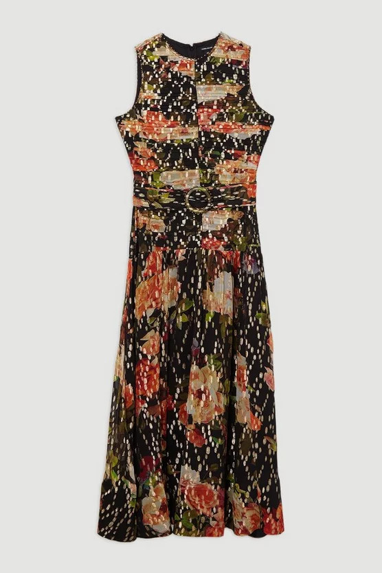 Floral Printed Viscose Metallic Thread Beaded Woven Midaxi Dress | Karen Millen UK + IE + DE + NL