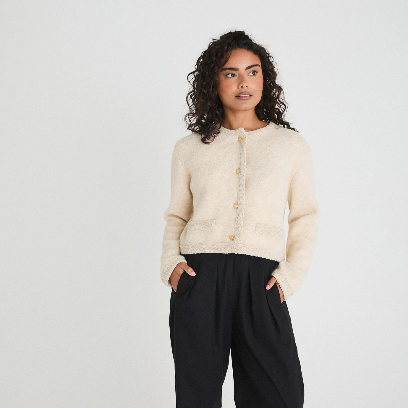 CONTRAST TRIM KNITTED CARDIGAN - CREAM | WAT The Brand