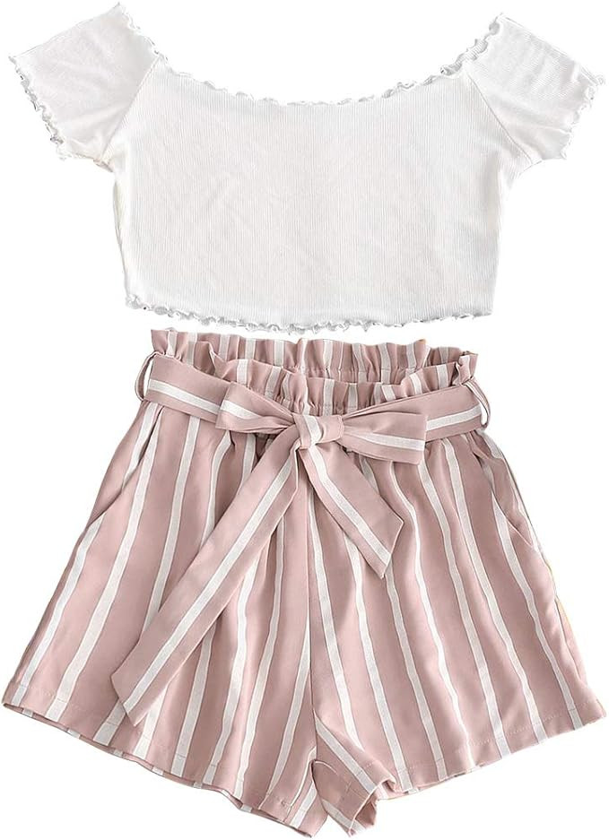 ZAFUL Women's Two Piece Outfit Off Shoulder Crop Top and Striped Shorts Set | Amazon (US)