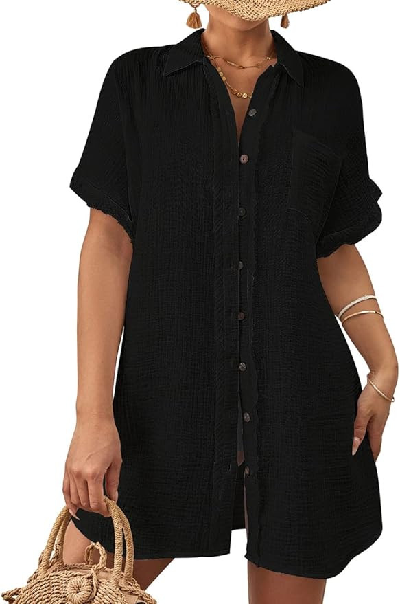 Bsubseach Women Swimsuit Coverup Button Down Bathing Suit Cover Ups for Swimwear Short Sleeve Bik... | Amazon (US)