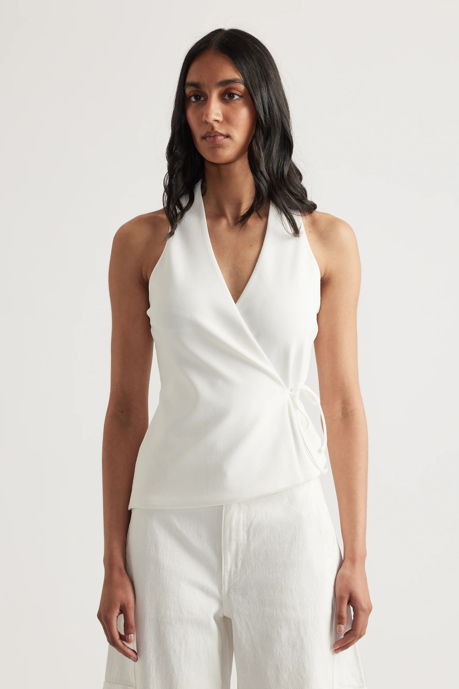Quinn Wrap Halter Neck Top - Ivory | DECJUBA