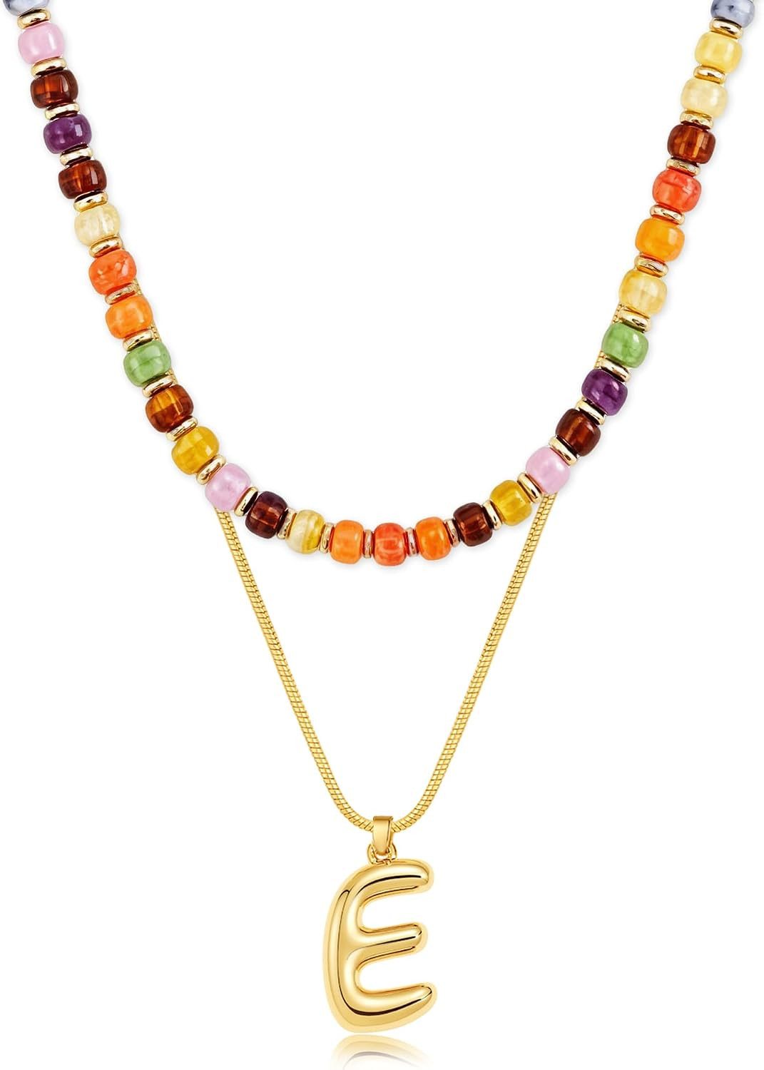 Layered Initial Necklaces for Women, 14K Gold Plated Bubble Letter Pendant Choker with Chunky Orange Beaded Necklace, 2-in-1 Trendy Boho Y2K Jewelry Set, Summer Beach to Fall Thanksgiving Gift for Her | Amazon (US)