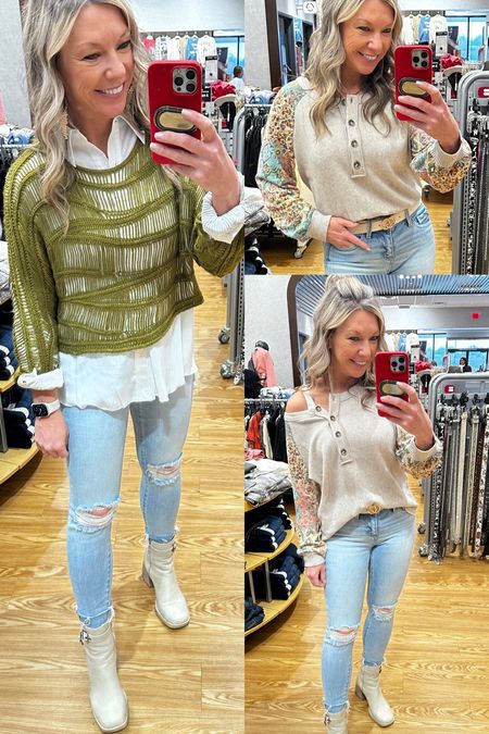 Buckle black fit 53 jeans in size 25 - layered green sweater with white button up size small (posted two green sweaters, one is more winter friendly) and a Daytrip Henley in medium which I oversized to pull off the shoulder. 

#LTKGiftGuide #LTKSeasonal #LTKparties