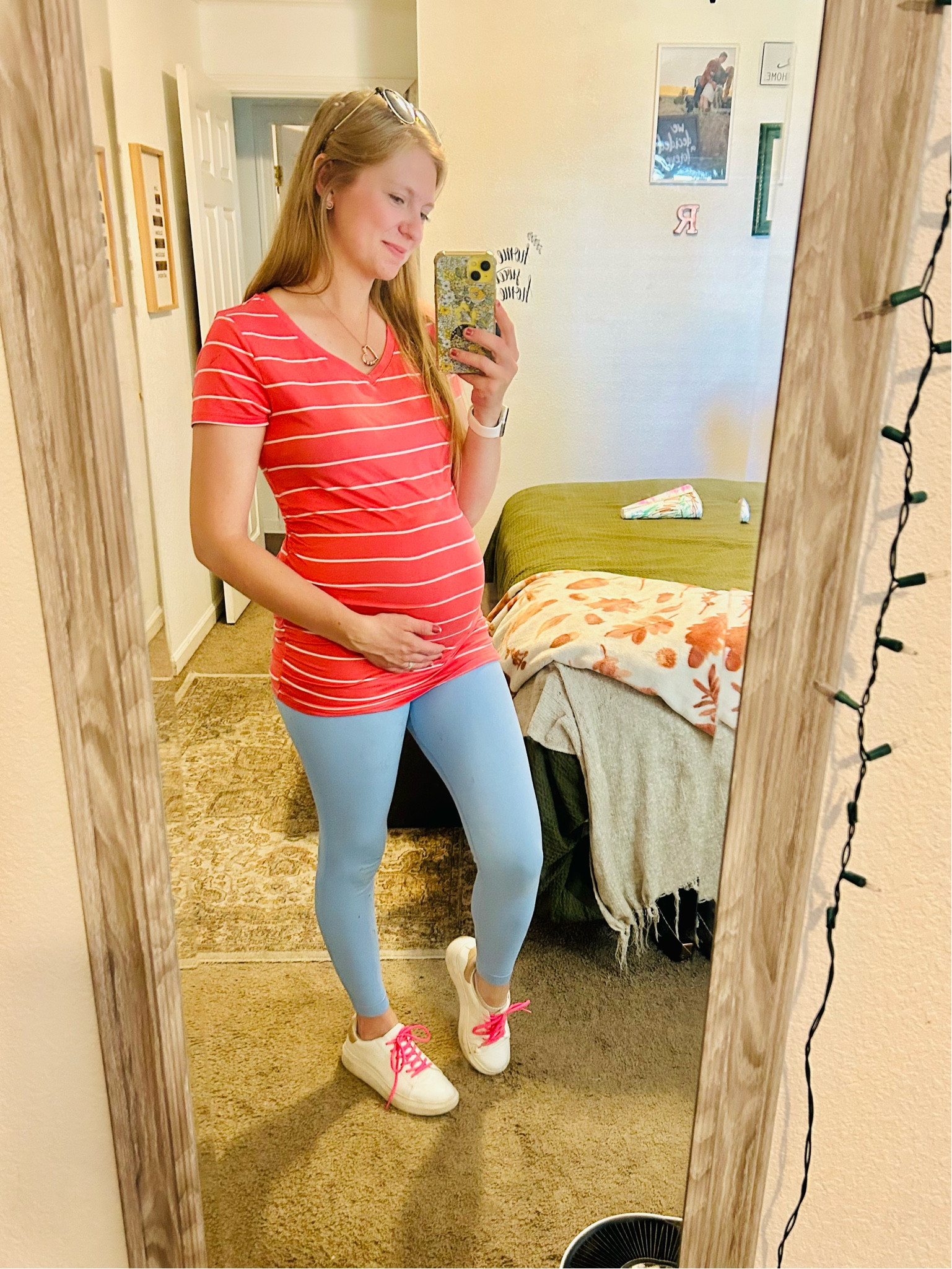 Summer maternity blue leggings! 
Under $15, size up 1! Very supportive and comfy. 

#LTKBump #LTKFindsUnder50 #LTKSeasonal