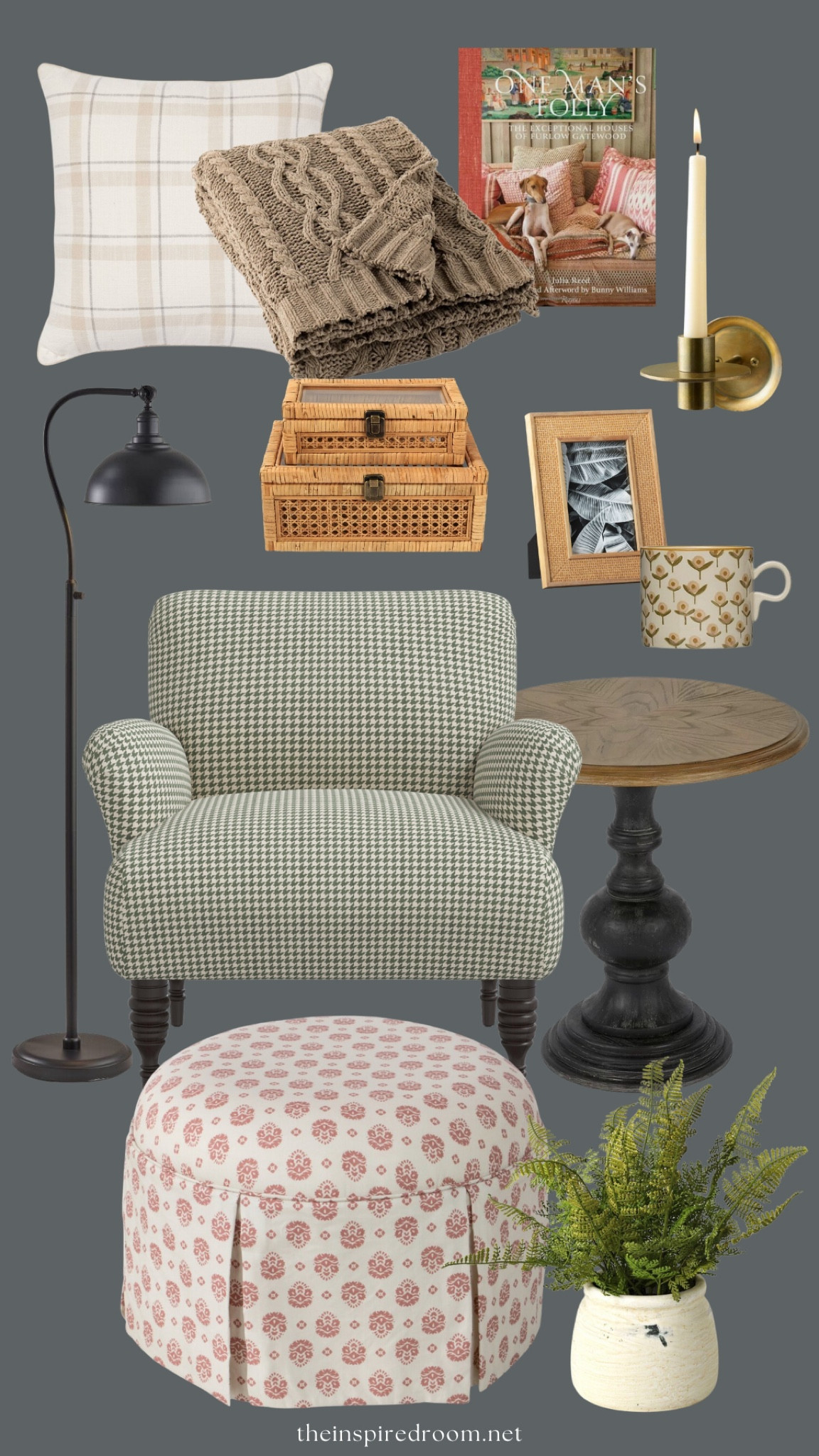 Fall decorating ideas mood board - round slipcovered patterned ottoman, faux plant, patterned arm chair, round side accent table,  plaid pillow, cable knit throw, brass candle sconce, woven picture frame, stamped mug, cane lidded boxes, black metal pharmacy floor lamp 

#LTKSeasonal #LTKstyletip #LTKhome
