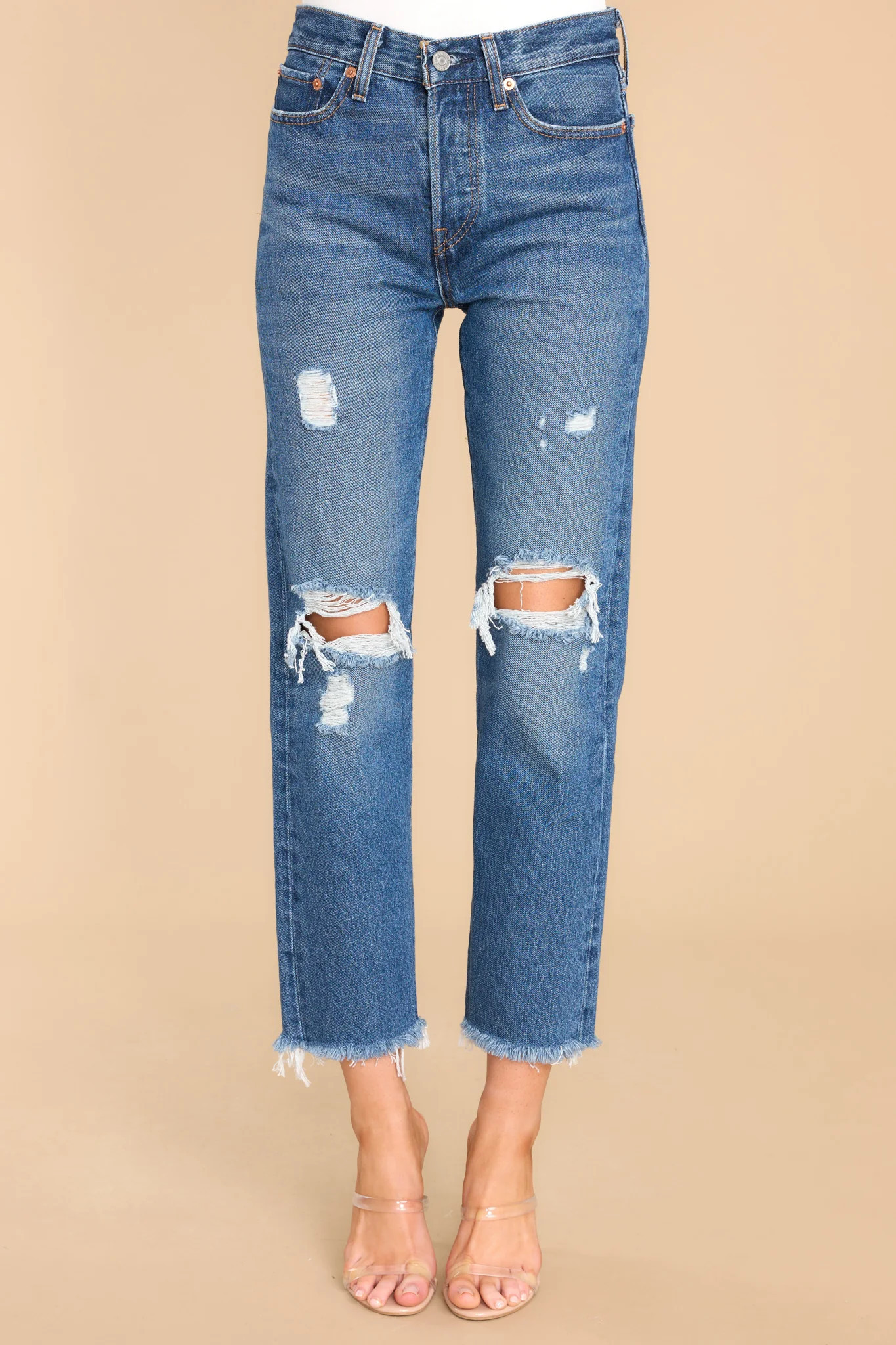 Wedgie Straight Fit Destructed Medium Indigo Jeans | Red Dress 