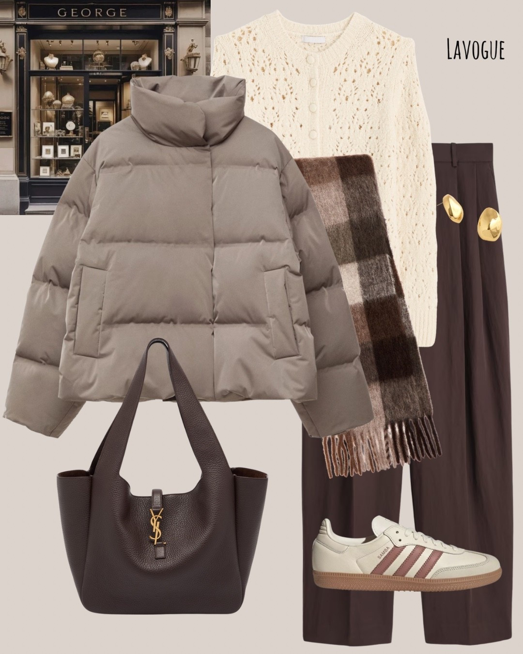 A taupe down puffer jacket adds warm, lightweight structure over brown pants and a cream pointelle cardigan for a soft mix of neutrals. A textured alpaca scarf brings cozy dimension, while Adidas sneakers keep the outfit casual and modern. A brown leather bag finishes the look with a polished touch.
Links Below 👇🏼 


#NeutralStyle #OOTD #WinterLayers #CozyChic #ColdWeatherStyle #LTKFashion #LTKOutfits #MinimalWardrobe

#LTKSaleAlert #LTKSeasonal #LTKWorkwear