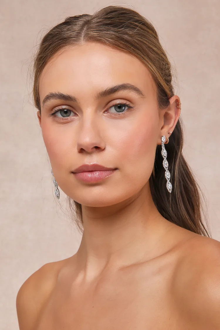Upscale Direction Silver Rhinestone Drop Earrings | Lulus