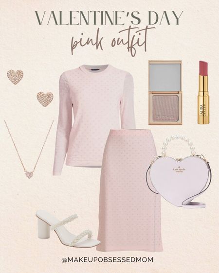 Here's a cute pink outfit you can wear this Valentine's Day! A long sleeve top paired with a cute midi dress, white braided heels, a stylish handbag, and cute heart jewelry! #midlifestyle #capsulewardrobe #galentinesday #vdayidea

#LTKbeauty #LTKstyletip #LTKSeasonal