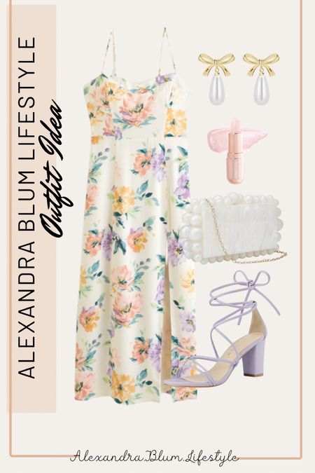 Best dressed wedding guest dress for spring from Abercrombie! Cute floral mid dress paired with light purple lace up heels, white clutch purse, light pink lip gloss. And pearl drop earrings! Amazon accessories and heels! Spring outfit! Church outfit! Easter outfit! 

#LTKitbag #LTKfindsunder100 #LTKshoecrush