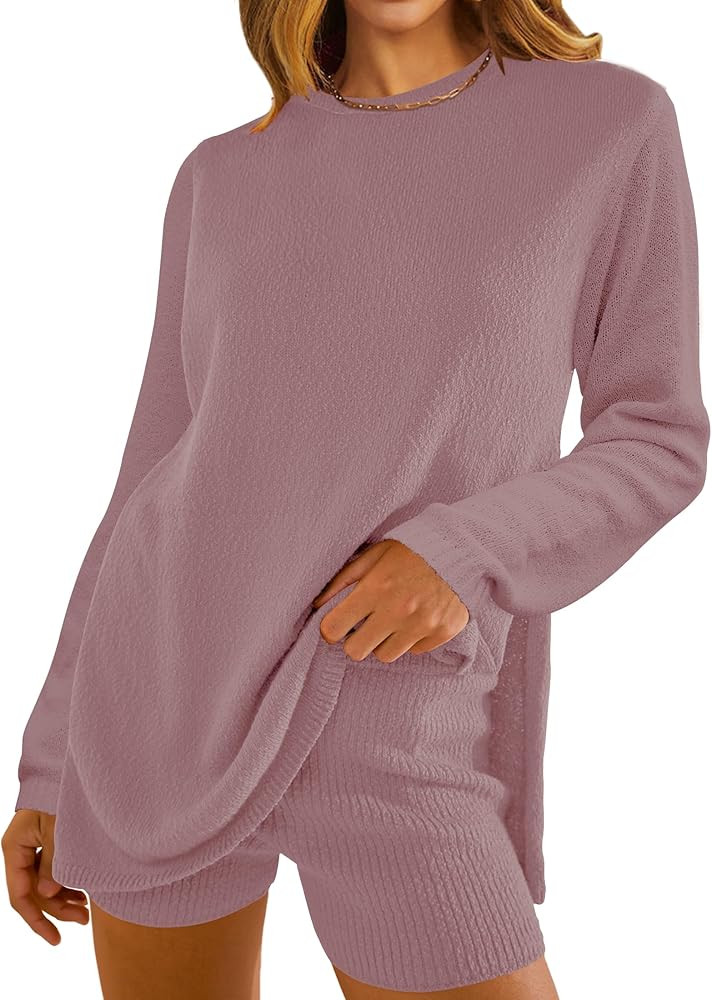 NENONA Women's 2024 Casual Two Piece Knit Outfits Long Sleeve Tunic Sweaters Top and Shorts Loung... | Amazon (US)
