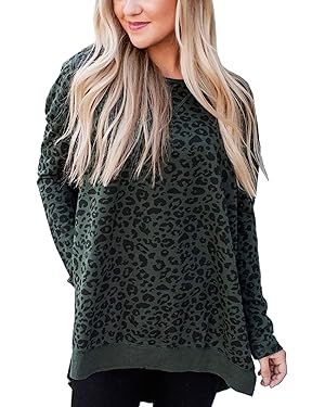 Angashion Women's Sweatshirts - Casual Leopard Print Crewneck Long Sleeve Oversized Pullover Tuni... | Amazon (US)