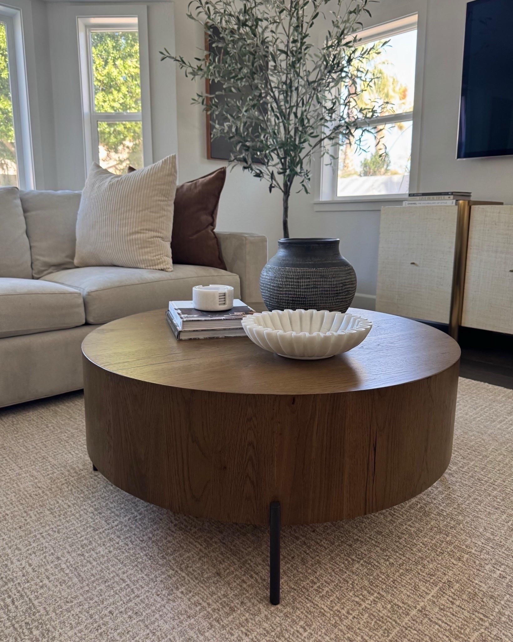 Loving this neutral rug and coffee table for our family room. This round drum goes better with our sectional, as this space is a little smaller in size
@Wayfair 
#LTKStyleTip

#LTKOver40 #LTKHome #LTKSeasonal