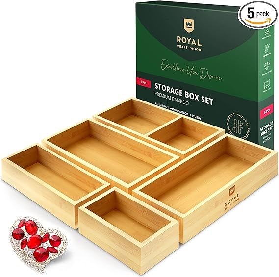 ROYAL CRAFT WOOD Luxury Bamboo Drawer Organizer Storage Box, Bin Set - Multi-Use Drawer Organizer... | Amazon (US)
