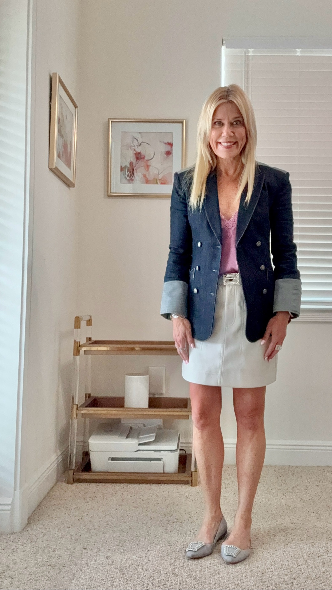 A creative, fun look to wear professionally or fur fun. This two-tone blazer by Cinq á Sept is unique to wear (wearing size 0, I sized firm gif a tailored look) worn with a silk camisole and white leather skirt by Marie Oliver. Best is vintage crystal. 

#LTKPetite #LTKWorkwear #LTKOver40