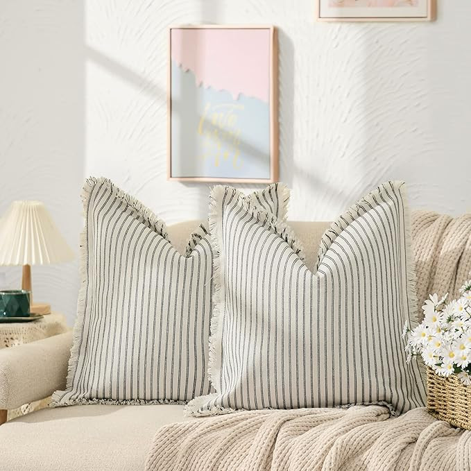 ZWJD Throw Pillow Covers 20x20 Set of 2 Striped Pillow Covers with Fringe Chic Cotton Decorative ... | Amazon (US)