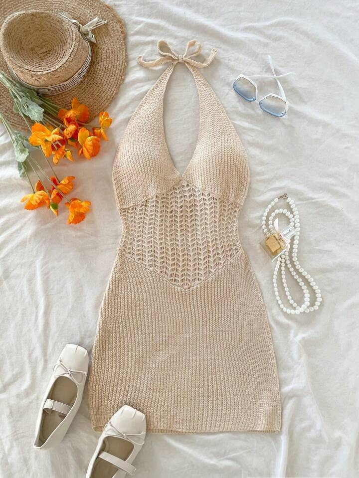 Soleia Vacation Halter Tie Back Fitted Knit Dress | SHEIN